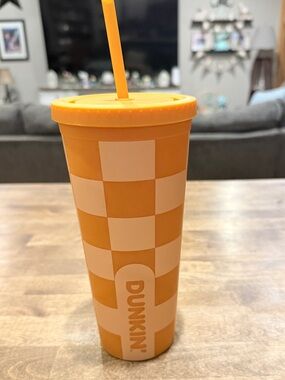 Dunkin® Orange Checkered Insulated Tumbler with Straw